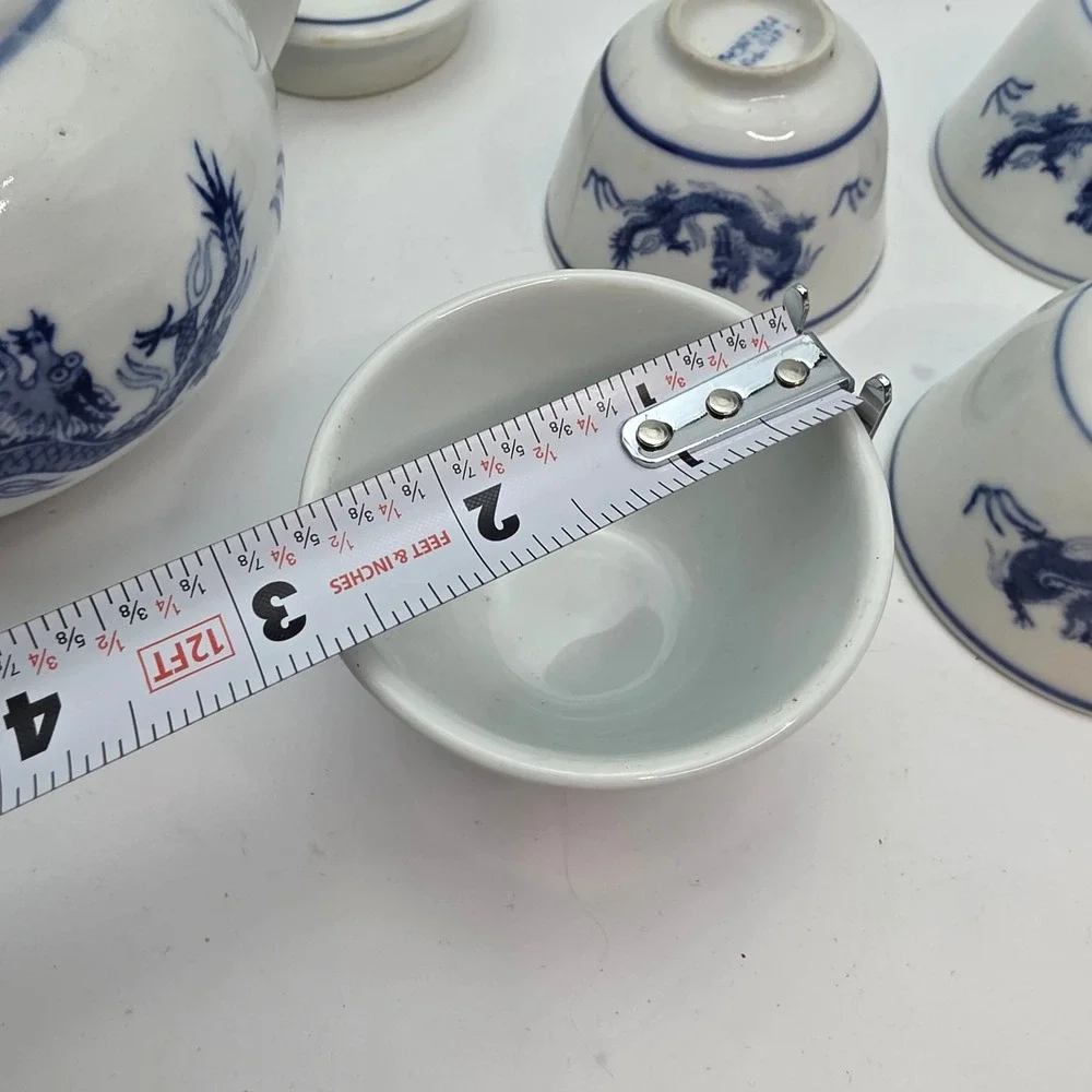 Pier 1 Imports Blue White Dragon Porcelain Tea Set Teapot 4 Cups Made in China